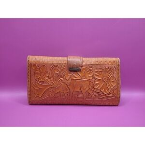 Vintage Tooled Leather Women's Wallet Nature Scene Deer
